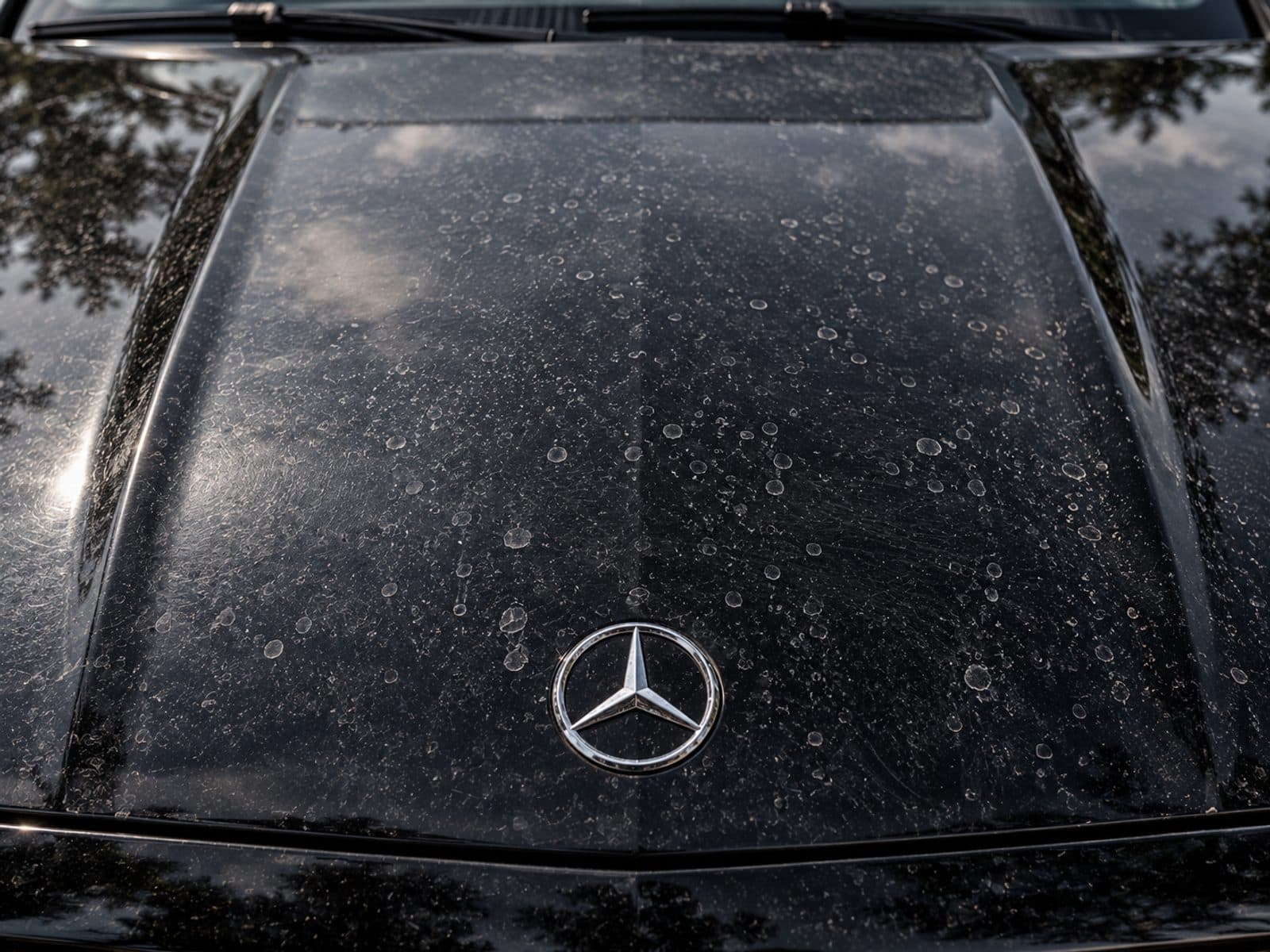 Black Mercedes hood before detailing, covered in water spots and haze